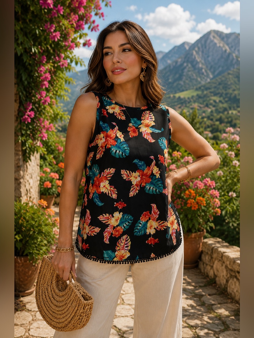 Black Tropical Blouse Mileage M Summer Fresh Sexy Floral Woman